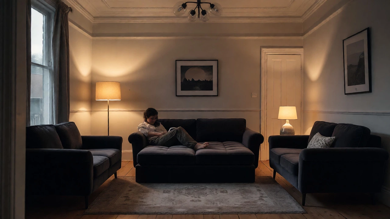 Stylish sofa sleeper used as a bed in a compact Victorian-style living room