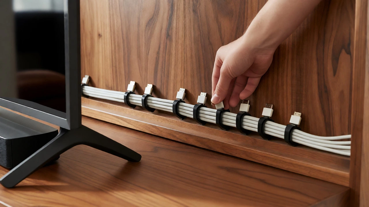 Cable management clips securing wires on the back of a dresser