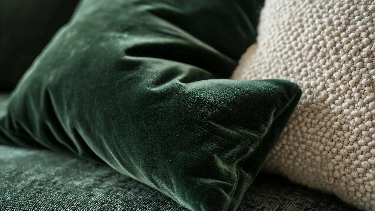 Close-up of emerald velvet and cream boucle sofa cushions showing texture