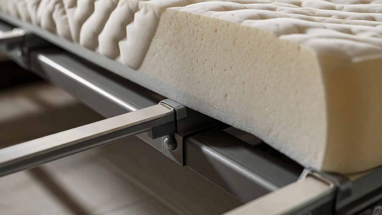 Close-up of thin memory foam mattress fitting into sofa bed frame