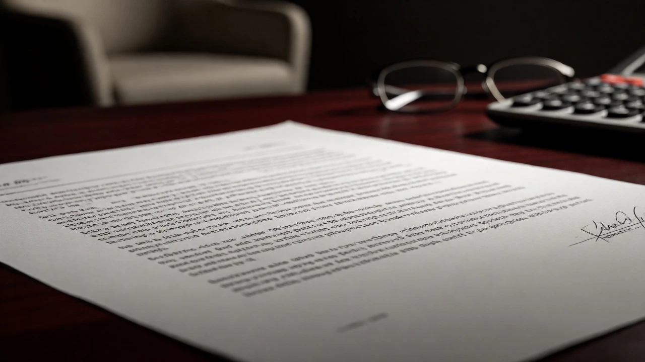 Contract documents and glasses on a desk with an armchair