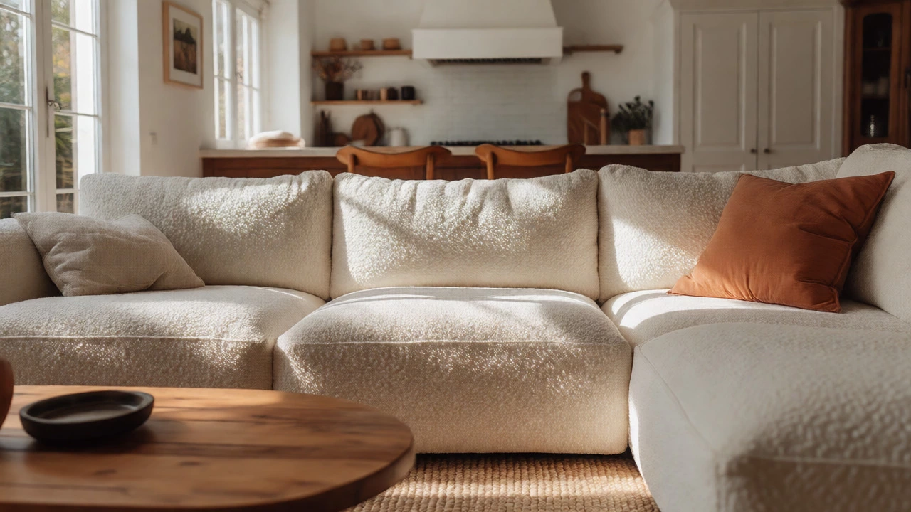 Cream bouclé corner sofa with textured details in a sunny room