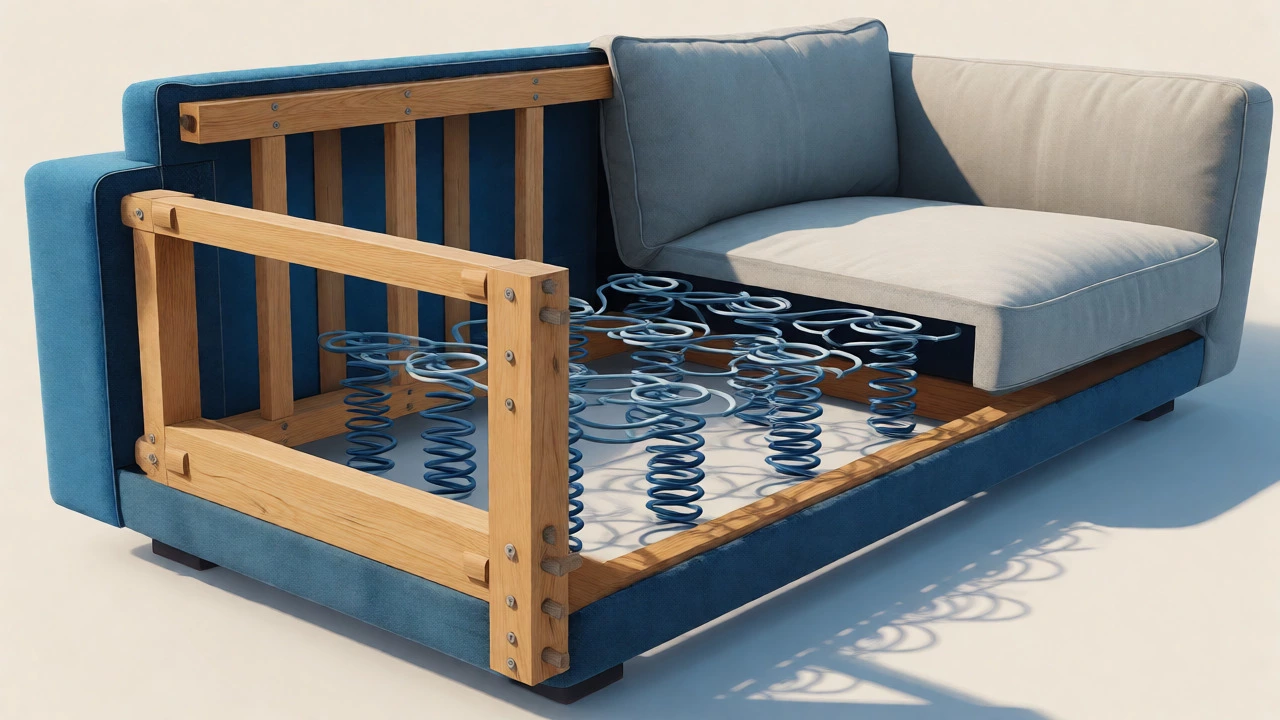 Cutaway view of sofa frame, springs, and foam layers