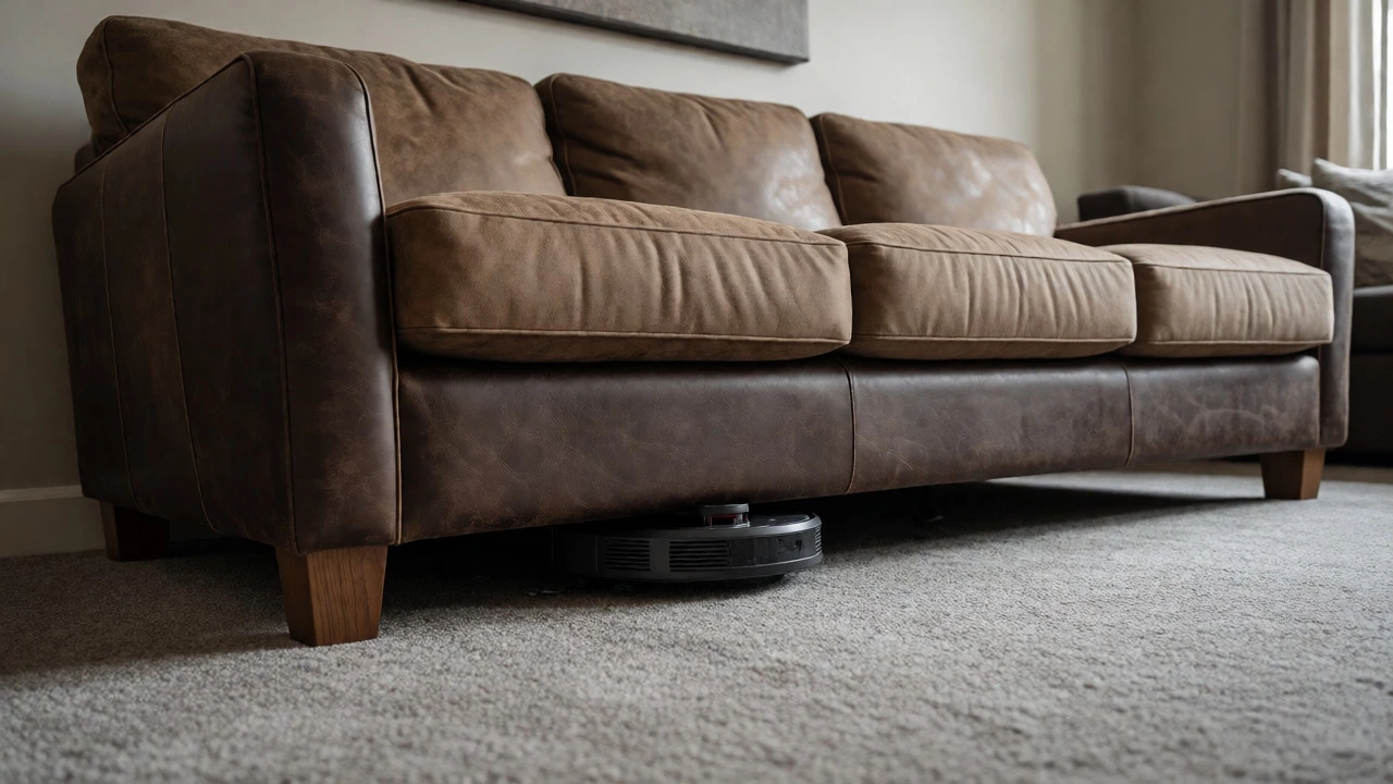 Durable leather sofa in living room with robot vacuum cleaning underneath.