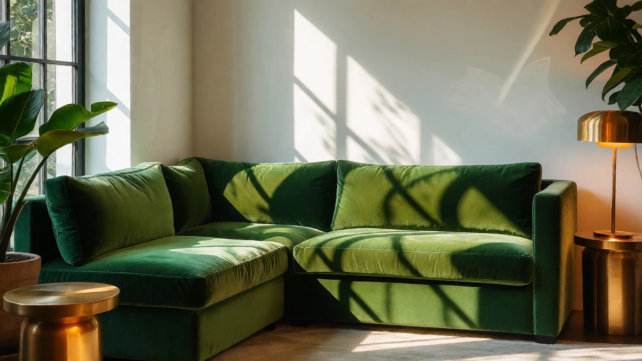 Emerald green velvet corner sofa with brass accents against white walls