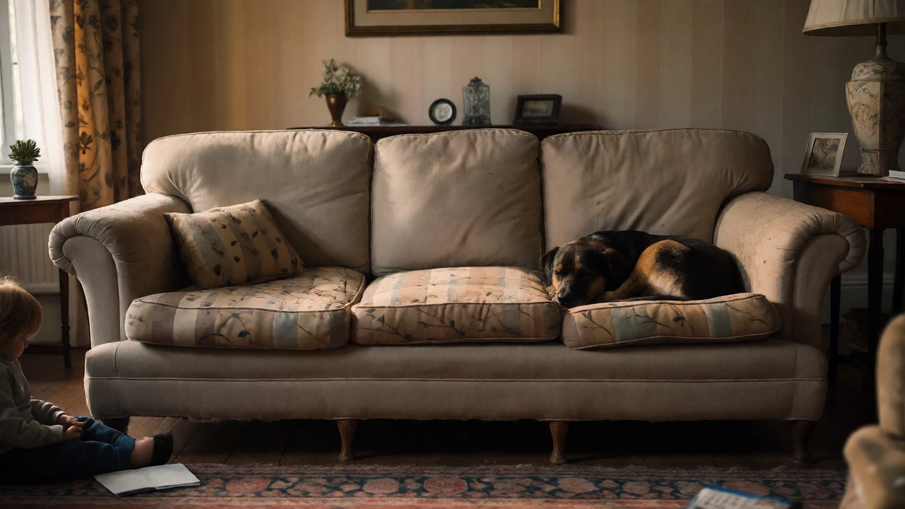 Family dog resting on a durable, long-lasting sofa