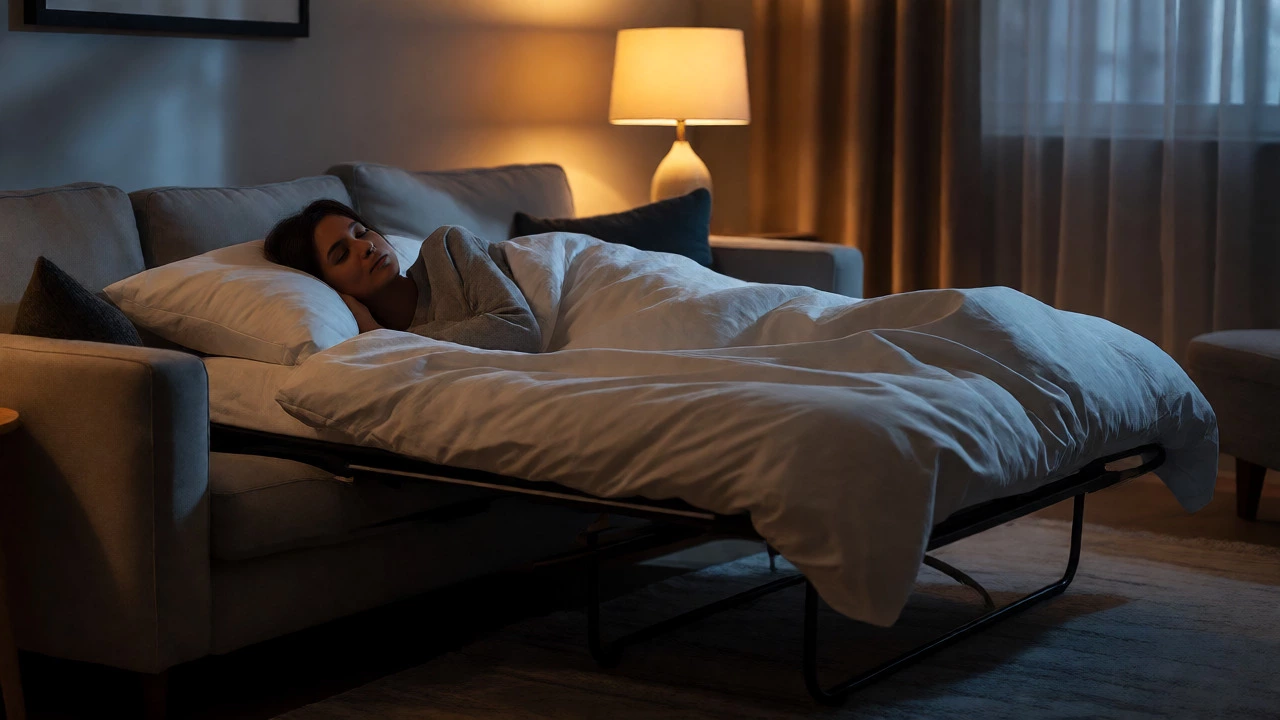 Guest sleeping comfortably on an extended sofa bed at night