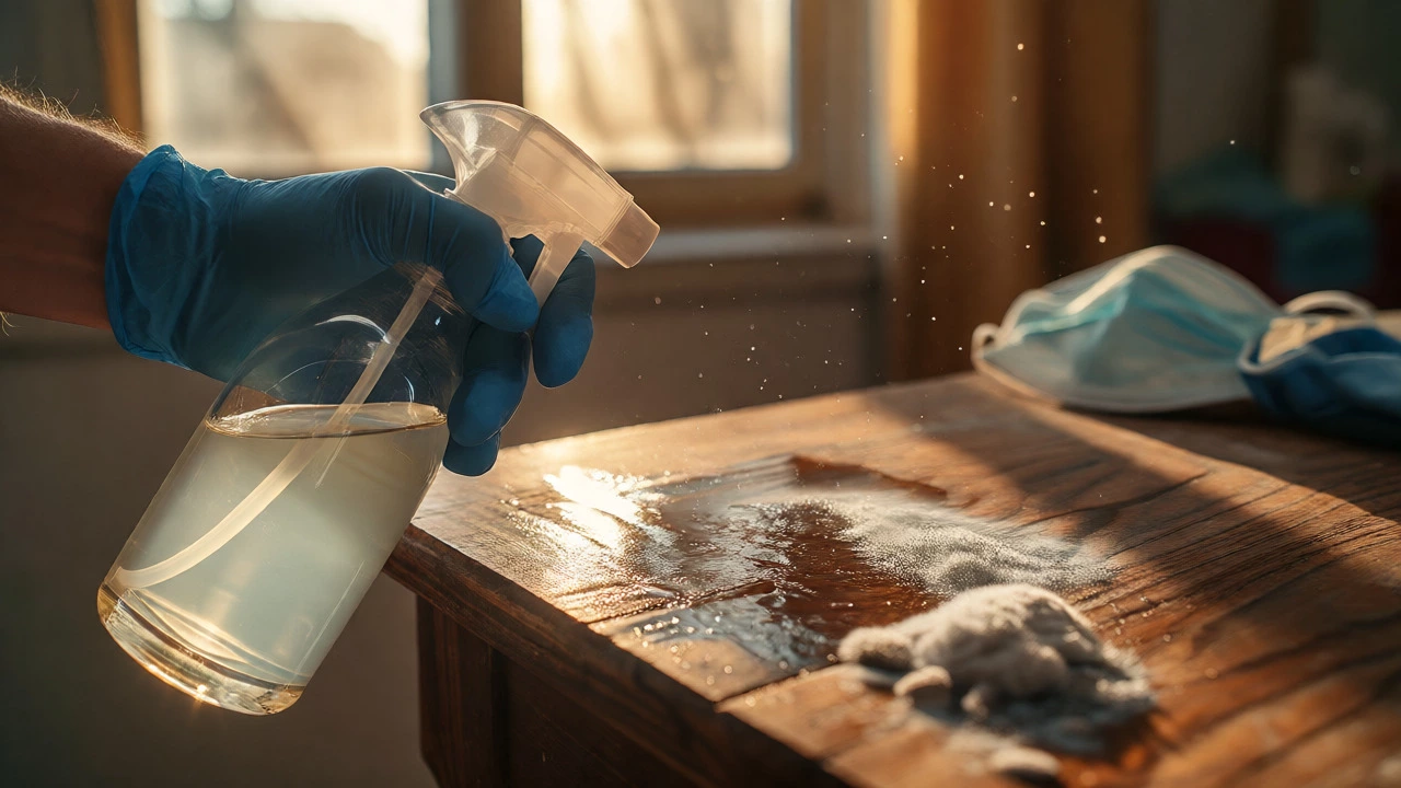 Hand spraying vinegar solution onto white mold on a wooden table leg during restoration.