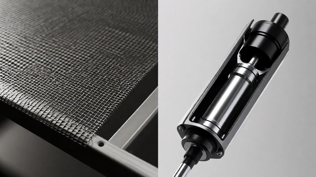 Macro detail of mesh fabric and mechanical components of a high-quality office chair mechanism.