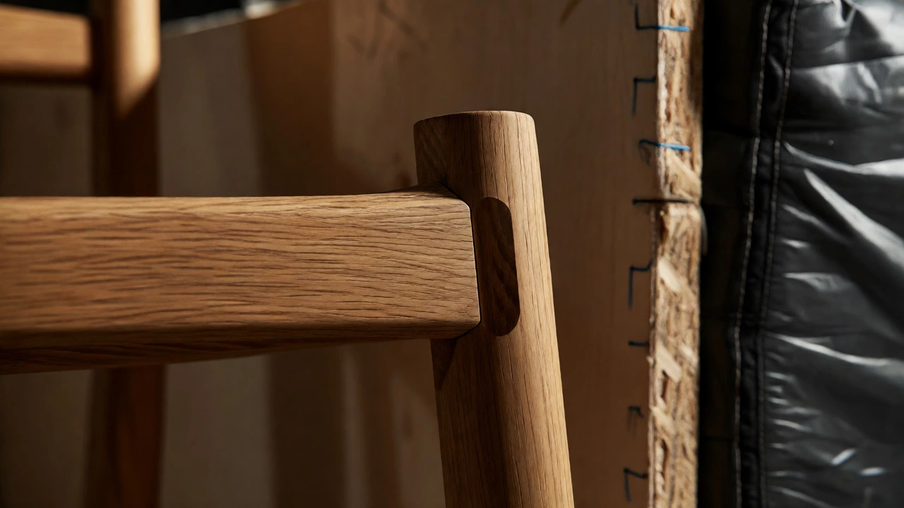Macro shot of solid wood joinery contrasting with cheap particleboard.