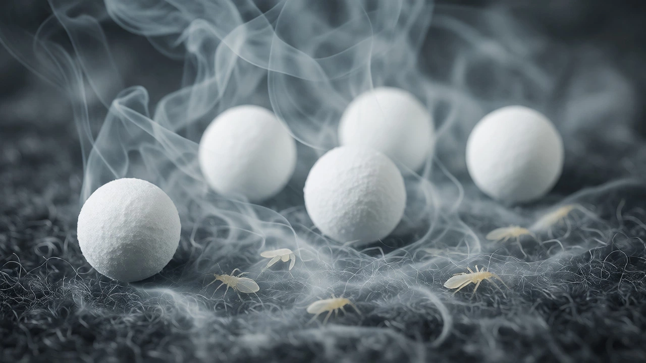 Macro view of mothballs releasing vapor onto wool fabric with larvae