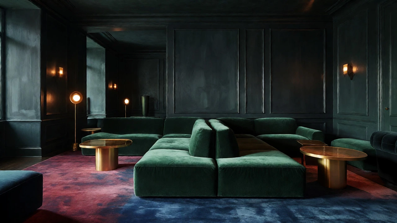 Moody lounge with navy walls, emerald velvet sofa, and gold metallic accents