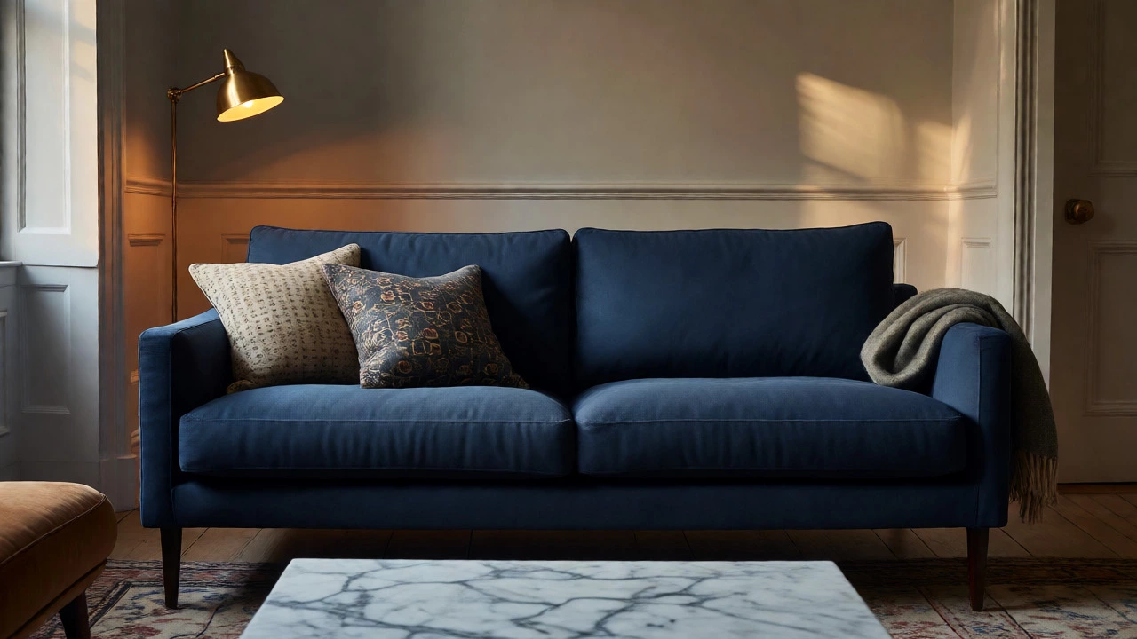 Navy sofa styled with minimal pillows and warm lighting in a living room