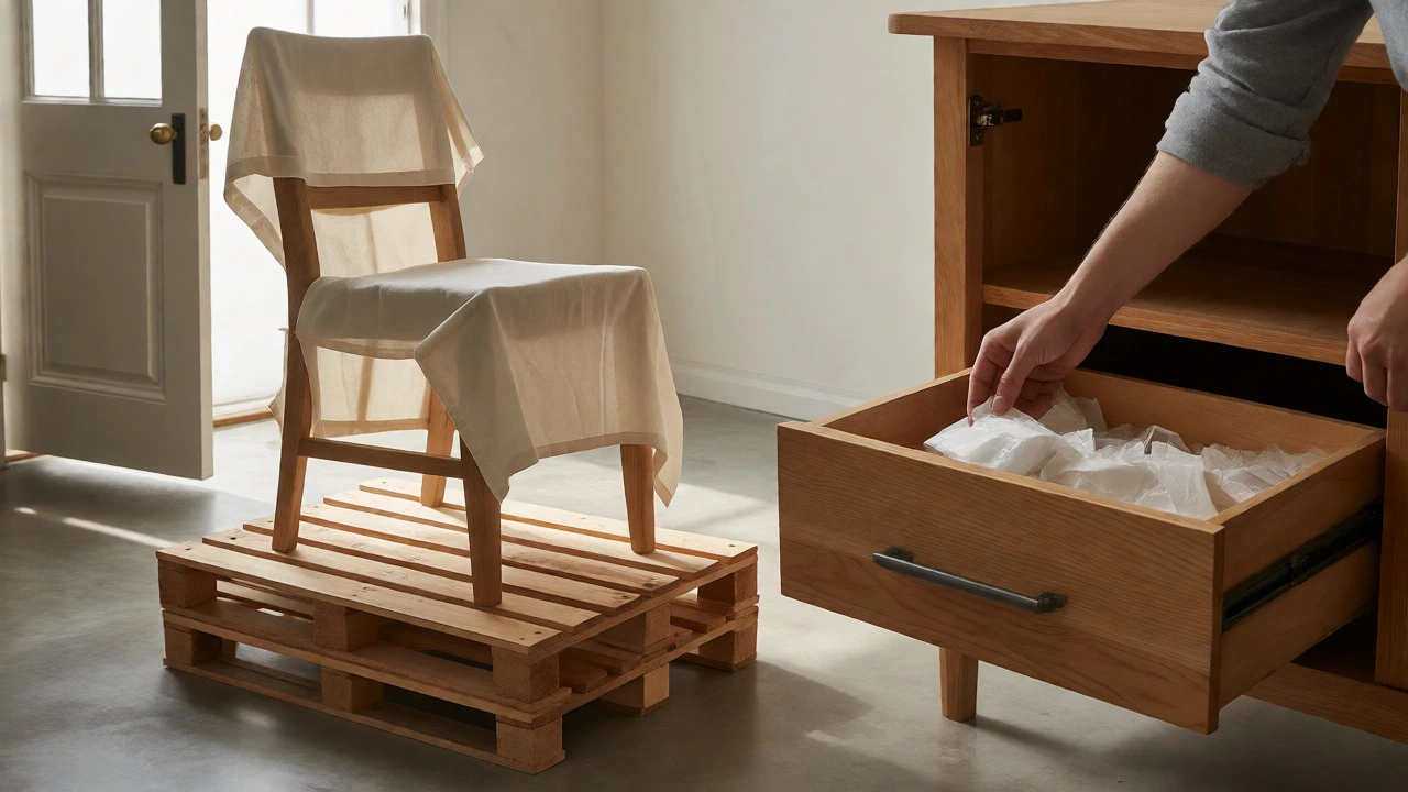 Oak chair elevated on pallets and wrapped in breathable canvas during storage preparation.