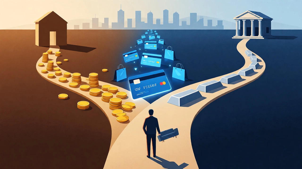 Person choosing paths representing cash, credit, and loans