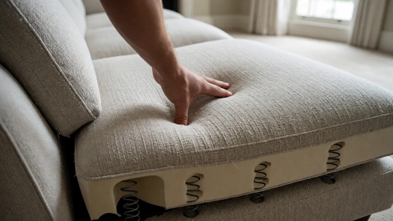 Person pressing thumb into high-density foam cushion to test rebound.