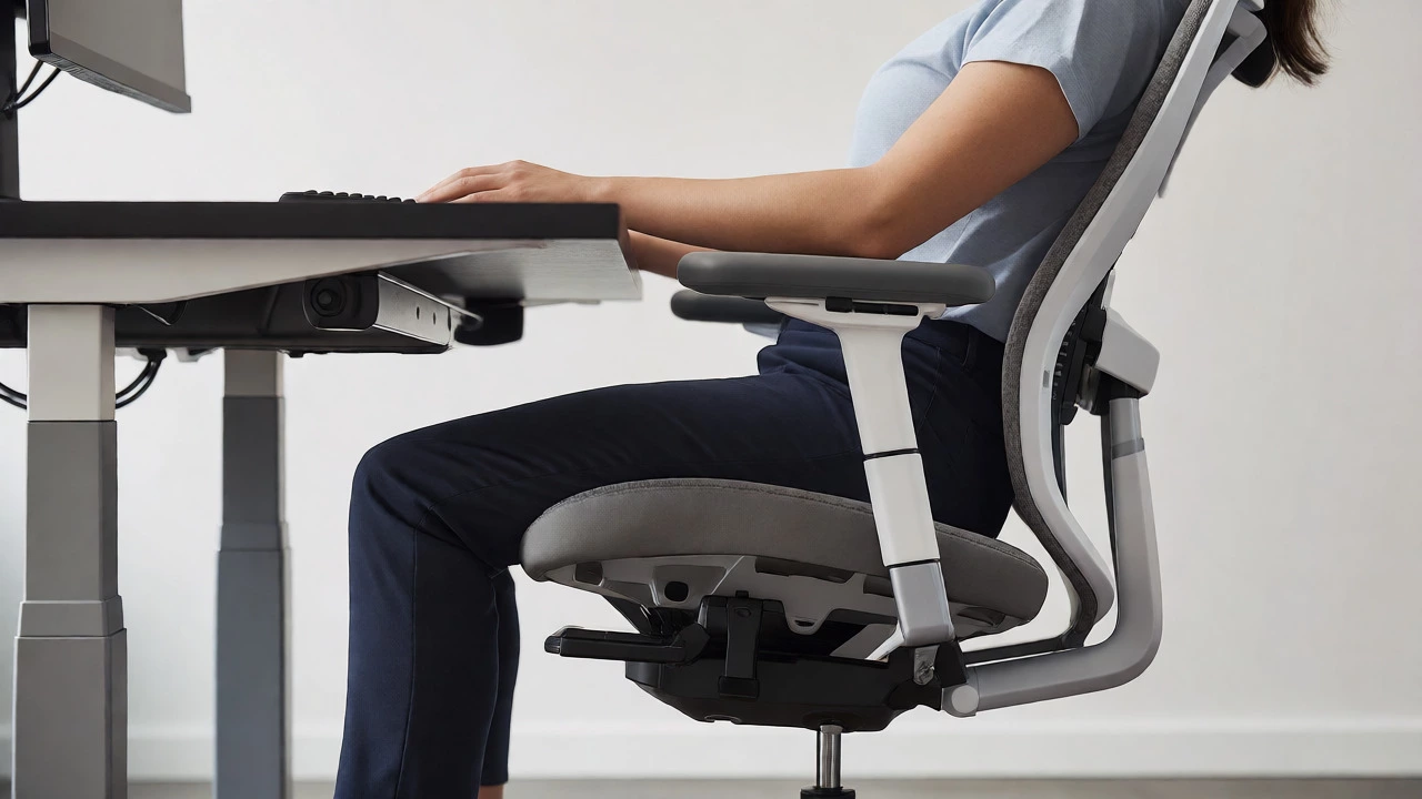 Person sitting with correct posture in an ergonomic chair demonstrating proper knee clearance and foot placement.