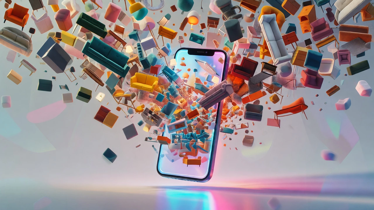 Smartphone releasing a chaotic stream of diverse furniture items.