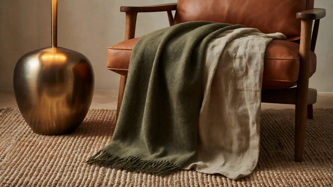 Textured close-up of olive wool, terracotta leather, and brass details in elegant decor