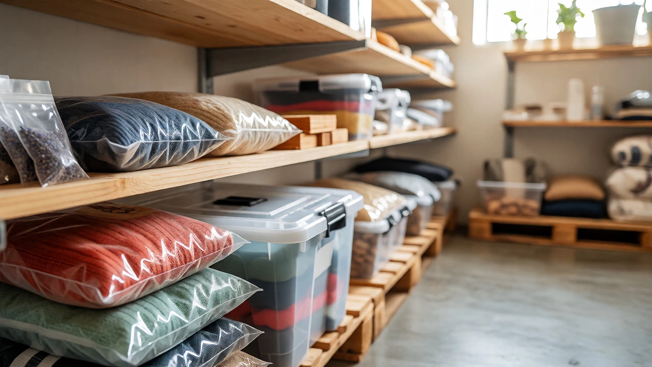 Vacuum sealed bags, plastic bins, and natural repellents in a tidy storage unit