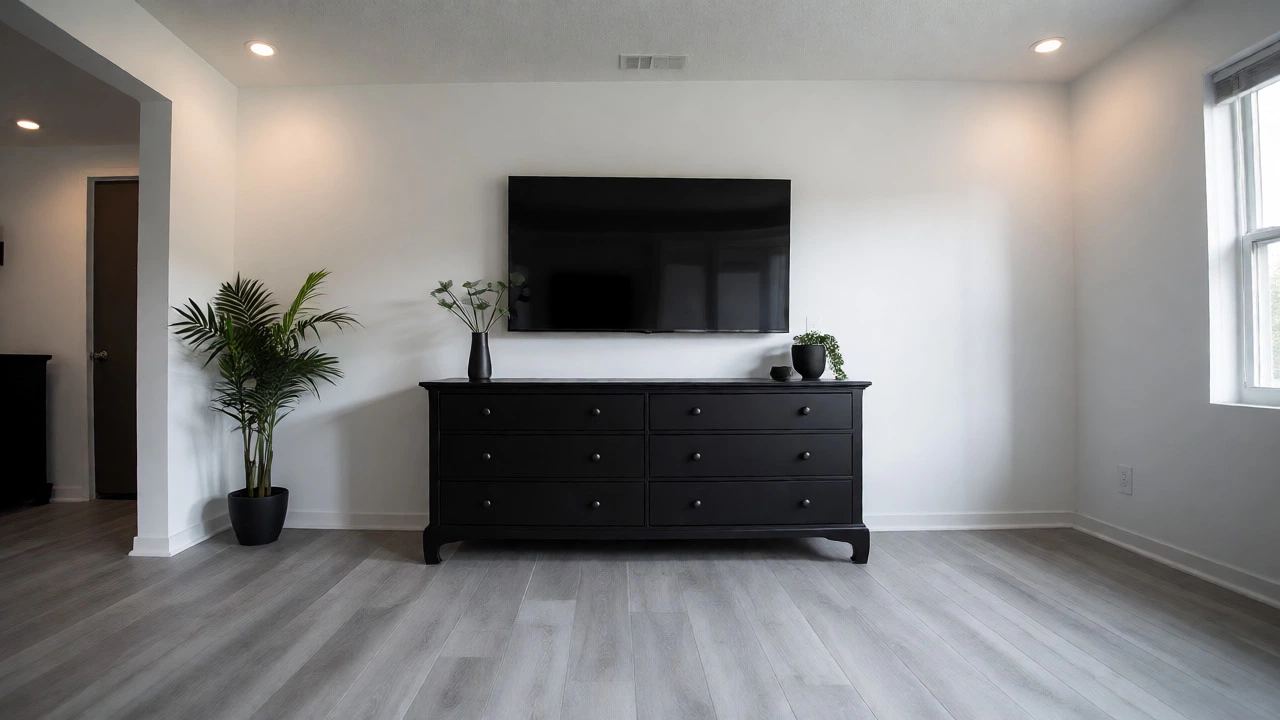 Wall-mounted TV above a matte black dresser in a modern room